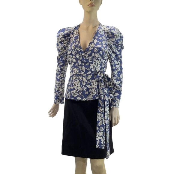ASTR The LABEL Top Polyester Royal Blue Floral Attached Side Tie Wrap Puffed Gat - Picture 4 of 16
